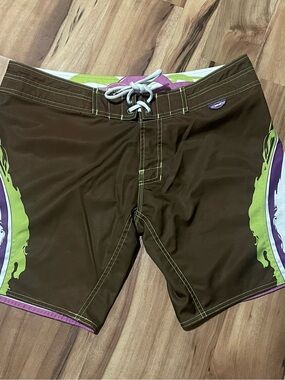 Sims Board Shorts Sz 11 Brown Lime Green Y2K Skate Surf Swim Trunks
